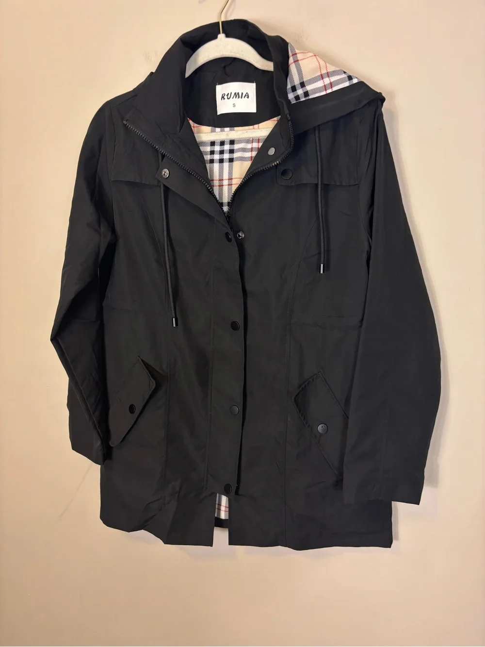 Black Hooded Cinch Waist Trench Rain Coat with Tan Plaid Lining Women’s Small